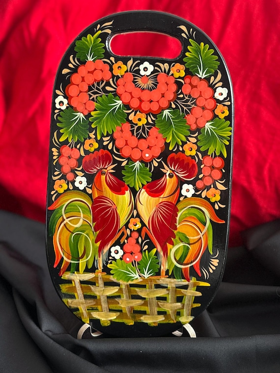 Ukrainian Cutting Board with Petrykivka Painting Handmade Wood