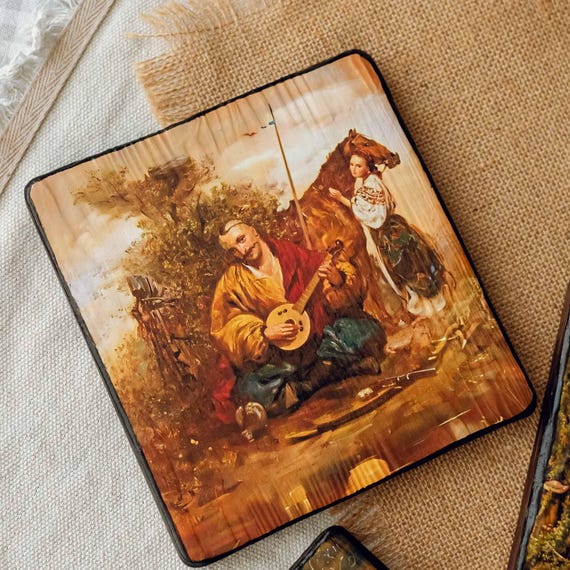 Cossack Mamai Painting, Ukrainian Folk Art Wood Panel