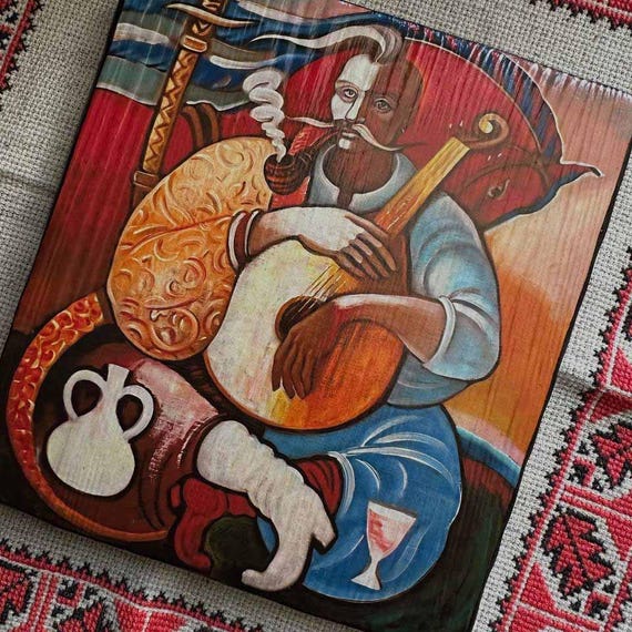 Cossack Mamai Painting, Ukrainian Folk Art Wood Panel#2