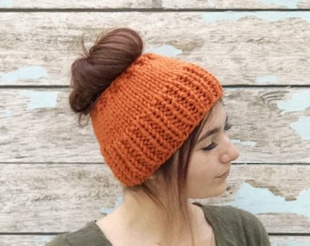 Messy Bun Hat, Fall Hat, Womens Orange Hunting Hat, Camping Beanie, Messy Bun Beanie, Ponytail Hat