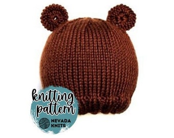 Knit Pattern: Ribbed Brim Teddy Bear Hat - Baby Photo Hat - Baby Photo Prop