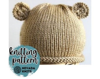 Knit Pattern: Roll Brim Teddy Bear Hat - Baby Photo Hat - Baby Photo Prop