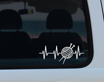 Knitting Heartbeat Car Decal, Gift for Knitter, Window Decal, Knitting Bumper Sticker