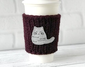 Cat Coffee Cozy, Chunky Knit Coffee Cozy, Cat Lovers Gift