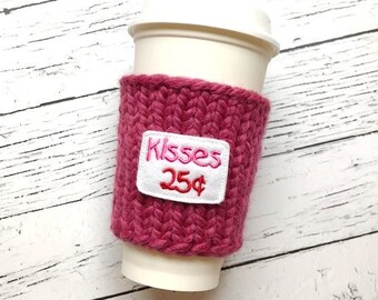 Knit Coffee Cozy Kisses, Valentine's Gift, Chunky Coffee Cozy