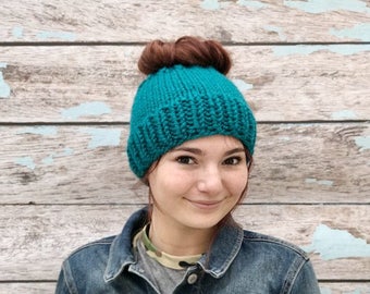 Knitted Messy Bun Beanie, Earmuffs, Womens Ponytail Hat, Knit Earwarmer