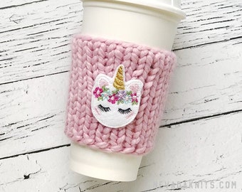 Unicorn Coffee Cozy, Knit Coffee Cozy, Child Cup Cozy, Unicorn Gift, Stocking Stuffer