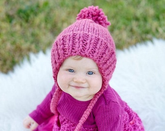 Child Knit Winter Hat, Baby Bonnet, Child Pom Pom Hat, Knit Baby Hat