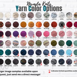 May include: A chart of yarn colors with names for each color. The yarn is arranged in rows and columns. The colors include: fisherman, wheat, oatmeal, fossil, barley, grey marble, seaglass, arctic ice, marble, moonlight, coney island, sequoia, harvest, spiced apple, butterscotch, mustard, pumpkin, fall leaves, spice, russet, cranberry, campfire, eggplant, raisin, iris, lollipop, fairy, fig, raspberry, terracotta, potion, blossom, carousel, astroland, bubbles, dreamcatcher, spice market, jam cookie, marsh, fern, cilantro, kale, peacock, succulent, bluegrass, deep lagoon, firecracker, midnight blue, navy, river run, dusk, denim, air force, sky blue, hydro, obsidian, black walnut, graphite, bedrock, metropolis, granite, charcoal, licorice, night shadow, abalone, hudson bay.