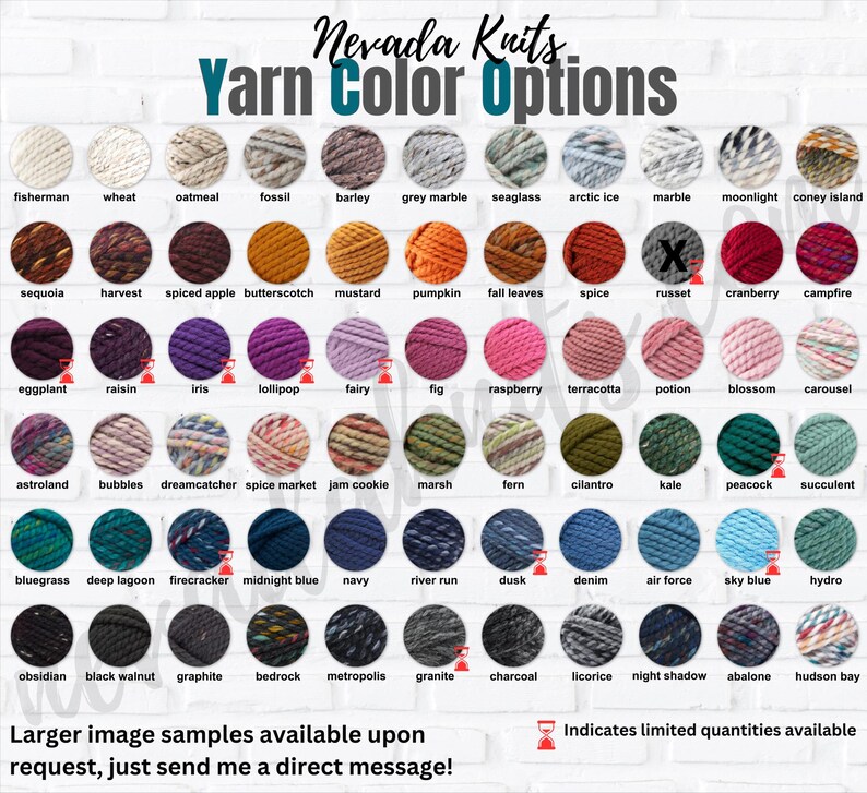 May include: A chart of yarn colors with names for each color. The yarn is arranged in rows and columns. The colors include: fisherman, wheat, oatmeal, fossil, barley, grey marble, seaglass, arctic ice, marble, moonlight, coney island, sequoia, harvest, spiced apple, butterscotch, mustard, pumpkin, fall leaves, spice, russet, cranberry, campfire, eggplant, raisin, iris, lollipop, fairy, fig, raspberry, terracotta, potion, blossom, carousel, astroland, bubbles, dreamcatcher, spice market, jam cookie, marsh, fern, cilantro, kale, peacock, succulent, bluegrass, deep lagoon, firecracker, midnight blue, navy, river run, dusk, denim, air force, sky blue, hydro, obsidian, black walnut, graphite, bedrock, metropolis, granite, charcoal, licorice, night shadow, abalone, hudson bay.