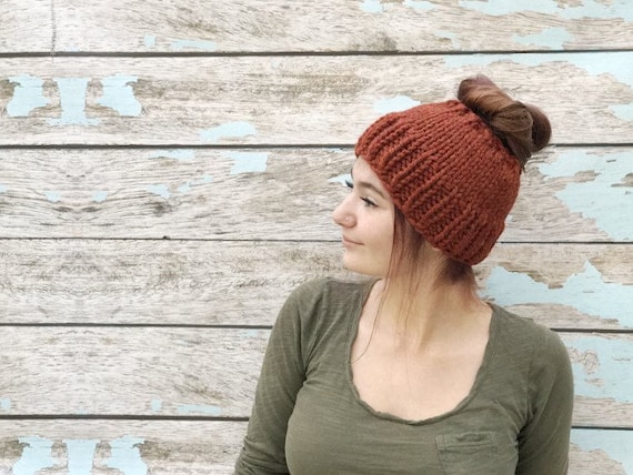 Knit Messy Bun Hat, Knit Ponytail Hat, Cozy Fall Knitwear