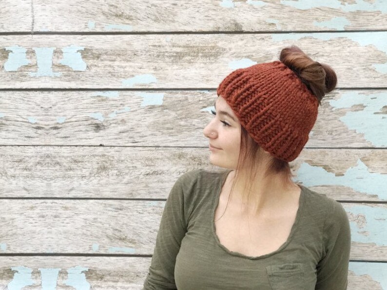 Knit Messy Bun Hat, Knit Ponytail Hat, Cozy Fall Knitwear image 1