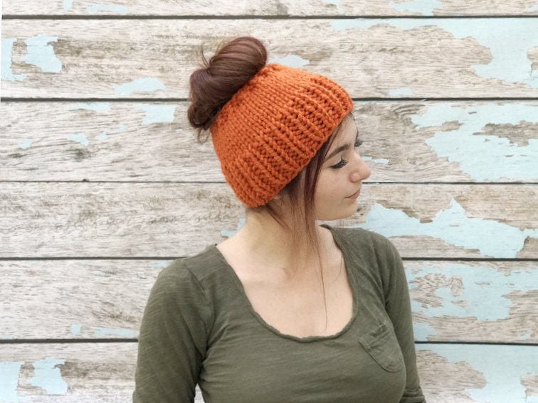 Messy Bun Hat, Fall Hat, Womens Orange 