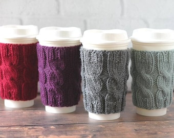 Knit Cabled Coffee Cozy, Cup Sleeve, Coffee Sweater, Stocking Stuffers
