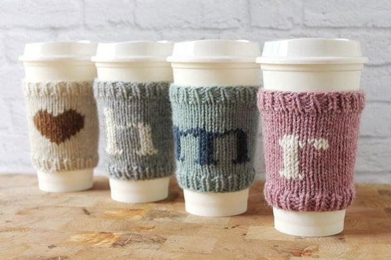 Coffee Cozy, Knit Cup Cozy, Beverage Cozy, Reusable Coffee Sleeve, Stocking Stuffers, Personalized Gift image 1