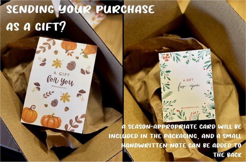 May include: Two gift cards with the text "A gift for you" on a white background with a fall and winter themed design. The cards are in brown paper gift boxes.