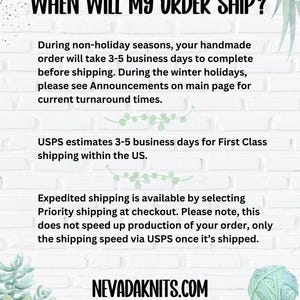 May include: White brick background with text: "WHEN WILL MY ORDER SHIP?" and information about order processing times and shipping via USPS. The website address NEVADAKNITS.COM is also displayed. Decorative floral elements are in the corners.
