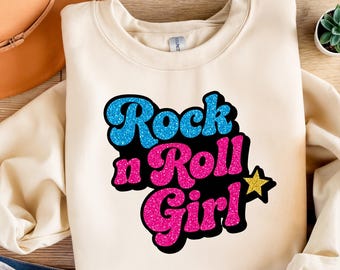 Retro Rock n Roll Girl Sublimation PNG – Glitter Vintage Quote Digital Download for T-Shirts, Tumblers, Stickers, Mugs & Craft Projects