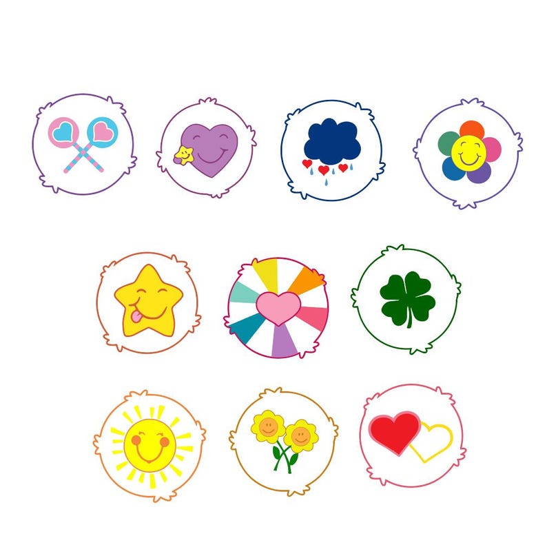 Adorable Care Bears layered SVG bundle with 30+ belly badges, transparent PNG files for Cricut crafts, shirts, mugs and stickers.
