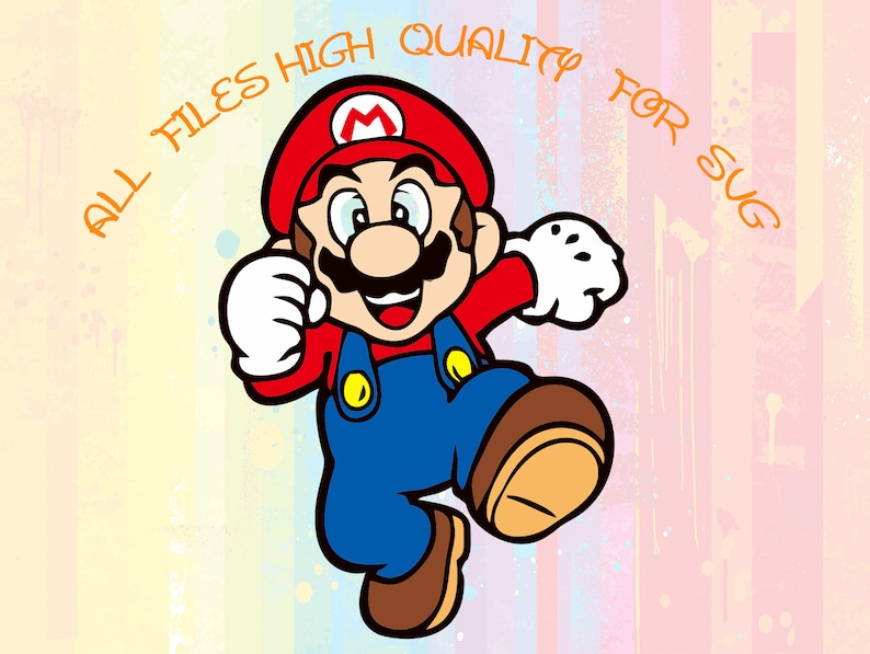 Op de afbeelding: Een cartoonillustratie van Mario, een videogamepersonage, met zijn kenmerkende rode pet en blauwe overall. De tekst "ALL FILES HIGH QUALITY FOR SVG" staat rondom het personage.
