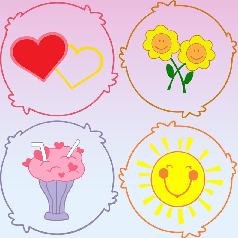 Care Bears belly badges vector files, easy cut layered SVG and PNG for crafting and DIY shirts or mugs.