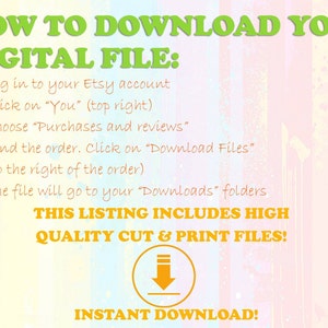 May include: A digital download guide with instructions on how to download a file from Etsy. The text is in green and orange on a colourful background. The guide includes steps and an orange arrow icon.