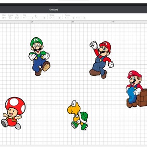 Op de afbeelding: Een set van zes kleurrijke cartoonfiguren uit de Super Mario Bros. videogamefranchise. De personages zijn Mario, Luigi, Toad en een schildpad.