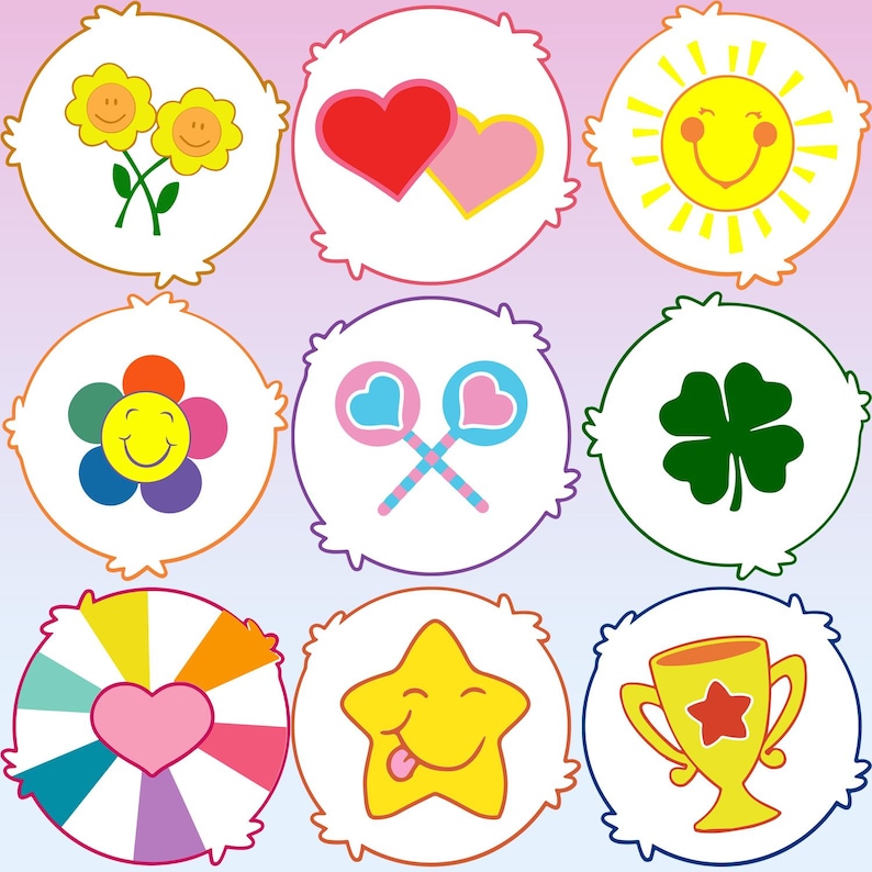 Colorful Care Bears symbols and belly badges PNG sublimation files, perfect for shirts, stickers and digital crafts.