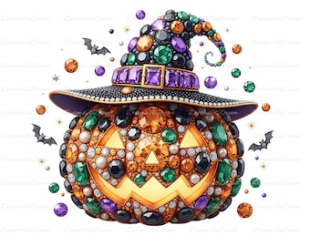 Jeweled Halloween Pumpkin Clipart PNG – Sparkly Witch Hat Jack O’Lantern Sublimation Design, Glam Gemstone Halloween Digital Art Download