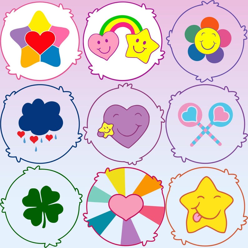 Printable Care Bears digital clipart, fun cartoon characters with transparent background for sublimation projects.