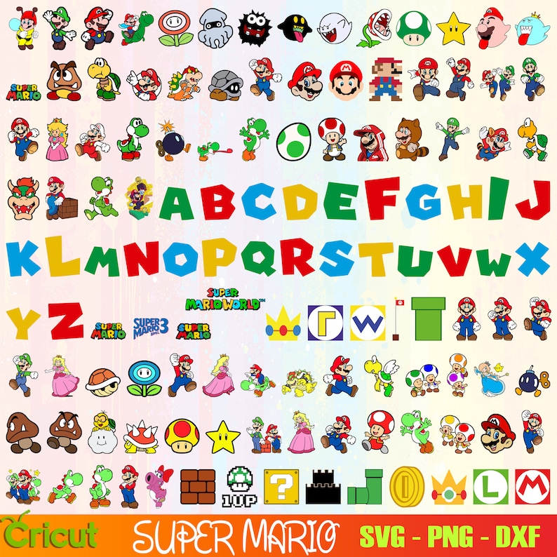 Op de afbeelding: Een verzameling kleurrijke Super Mario Bros. clipart-afbeeldingen, waaronder personages, items en letters. De afbeeldingen zijn in cartoon-stijl en bevatten iconische elementen uit de videogame-serie.
