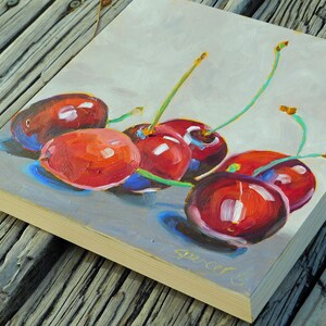 Original Cherries Oil Painting 8x8 painted by hand in the USA image 3