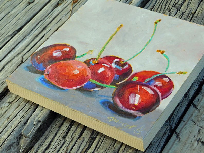 Original Cherries Oil Painting 8x8 painted by hand in the USA image 3