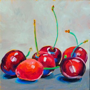 Original Cherries Oil Painting 8x8 painted by hand in the USA image 1