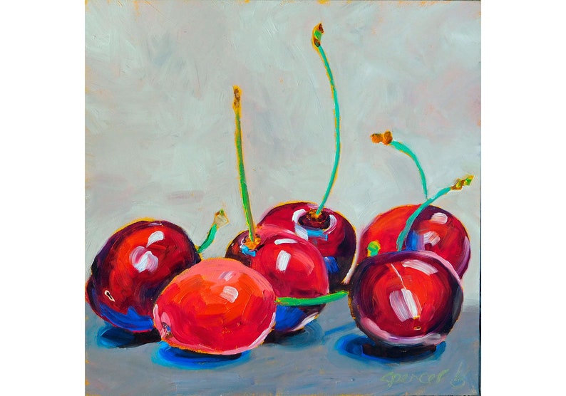 Original Cherries Oil Painting 8x8 painted by hand in the USA image 1
