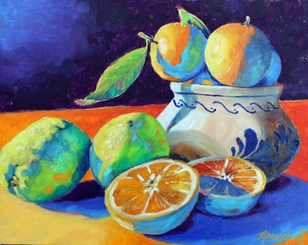 Original Citron & Oranges Still Life Oil Painting 11"x14" painted by hand in the USA