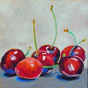 Original Cherries Oil Painting 8x8 painted by hand in the USA image 2