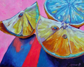 Original Lemons Still Life Citrus Oil Painting 11"x4" painted by hand in the USA