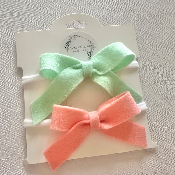 Bows Wool Felt Mint and Coral Tied Bow Headband Set