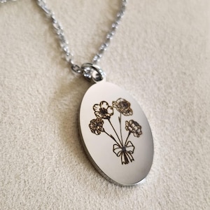 Birth Flower Necklace Oval- Up to 6 Flowers