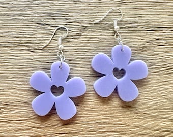 Purple Matte Earrings Acrylic Daisy with Heart