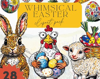Whimsical Easter Clipart: Eggs, Chicken, Spring Ephemera (28 PNG) (Digital Download)