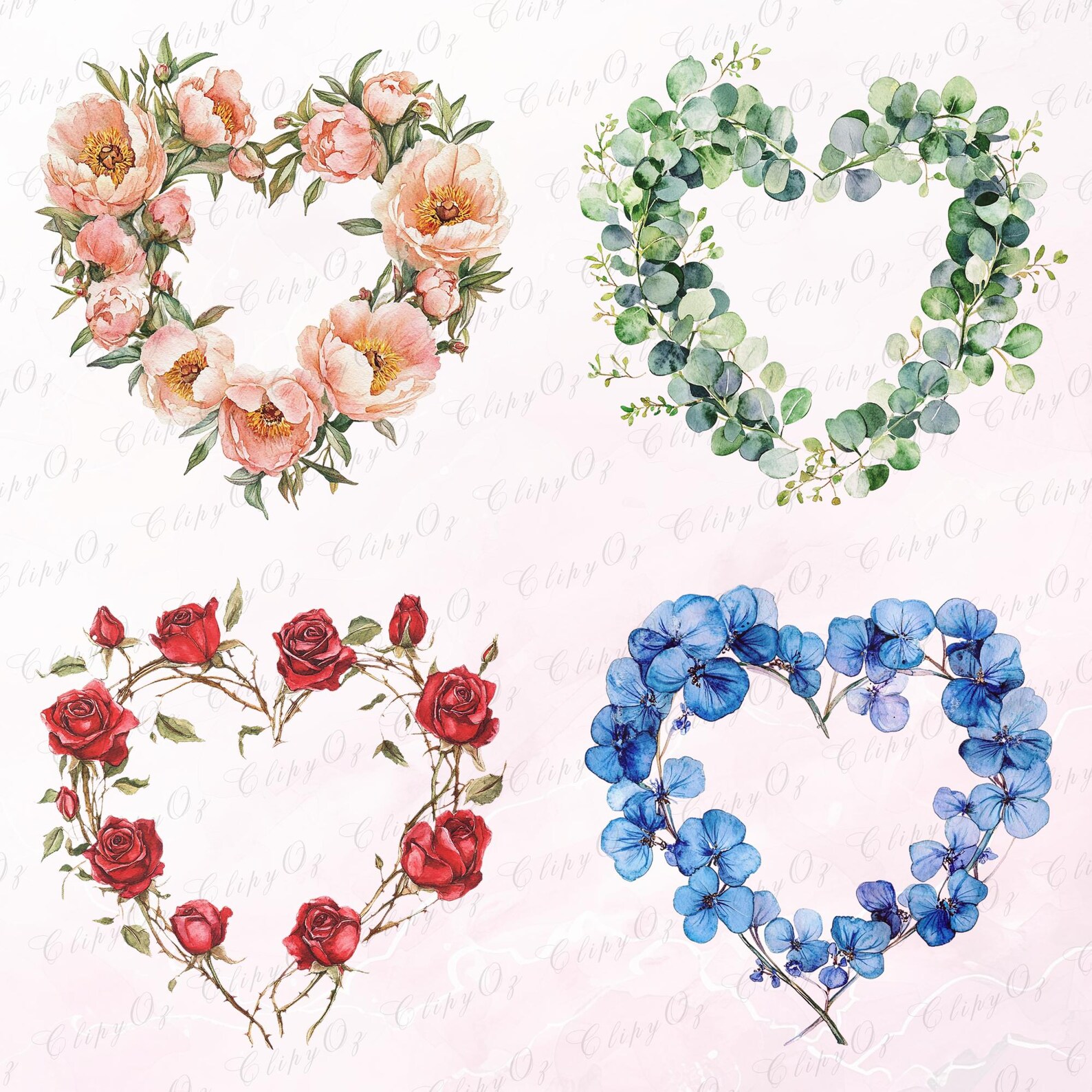 Watercolor Floral Heart Wreath Clipart: Valentine's PNG Frames (digital ...