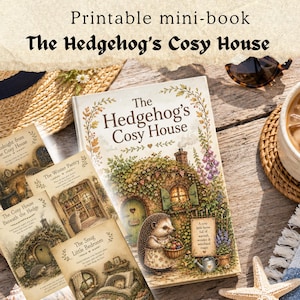 Pode incluir: Um minilivro imprimível intitulado The Hedgehog's Cosy House, com uma ilustração de capa de um ouriço em frente a uma casa. O conjunto inclui várias páginas menores com títulos como The Winter Pantry e The Snug Little Bedroom.