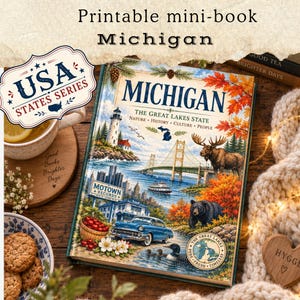 May include: A hardcover book titled Michigan: The Great Lakes State, featuring a colorful illustration of a lighthouse, a suspension bridge, a moose, a black bear, a classic blue car, and a map of the Great Lakes region on the front cover.