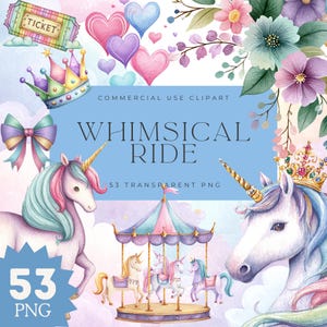 Whimsical Ride – Pastel Unicorn Carousel Clipart Set | 53 PNGs | Fantasy Watercolor Clip Art for Kids, Party Decor, Invitations, Sublimation