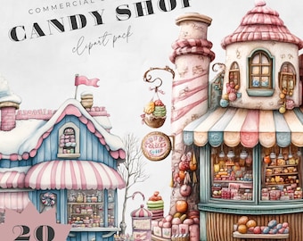 May include: A digital clipart pack of 20 images featuring two whimsical candy shops. One shop is a tall, striped building with a pink roof and a candy cane tower. The other shop is a smaller, blue building with a pink and white striped awning. Both shops are filled with colorful candies and treats.