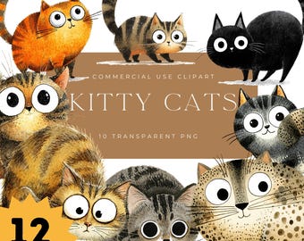 Whimsical Watercolor Kitty Cats Clipart, 12 PNG Set