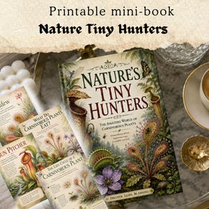 以下が含まれることがあります： Nature Tiny Hunters: The Amazing World of Carnivorous Plantsというタイトルの印刷可能なミニブック。表紙には、ハエトリグサやウツボカズラなどの食虫植物と昆虫の精巧な植物画が描かれています。