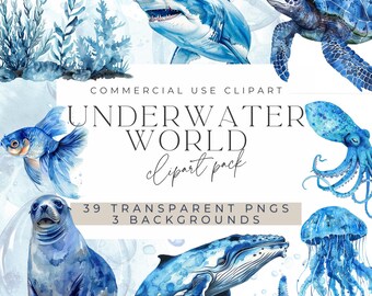 Watercolor Underwater Clipart: Sea Animals PNG Pack (Digital Download)
